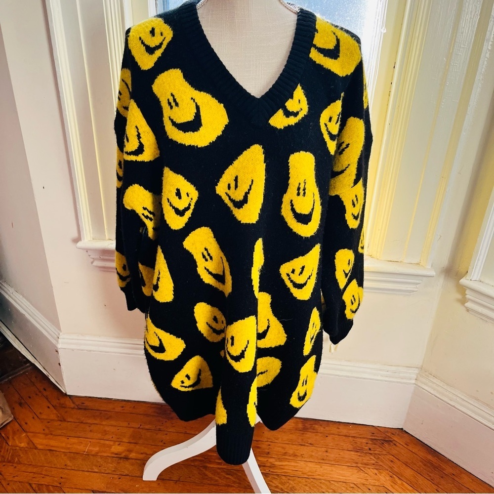 Lazy Oaf Black Sweater with Yellow Smiley Pattern